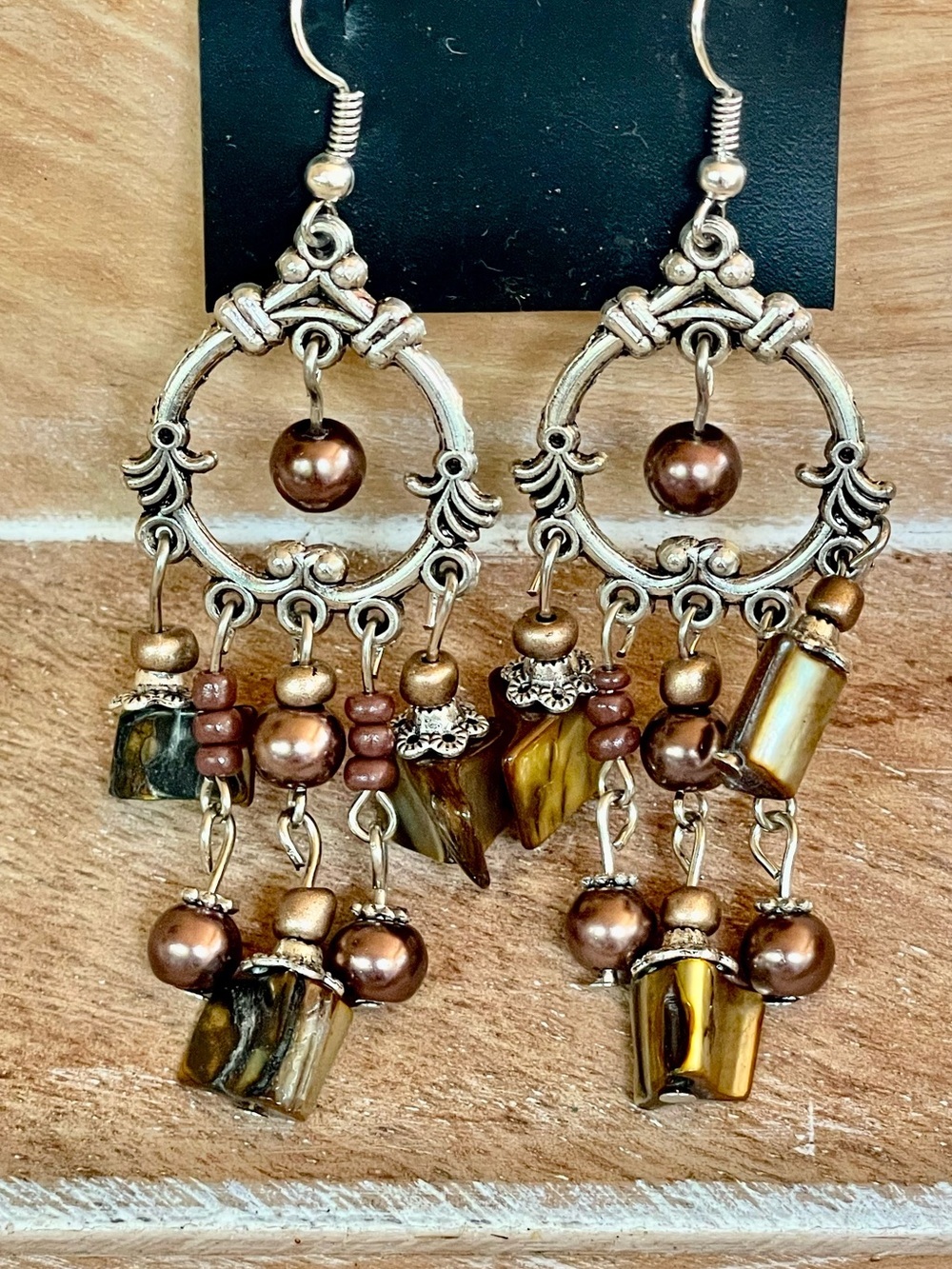Handcrafted Artisan Boho Brown and Gold Chandelier Earrings in Silver Setting - Picture 4 of 4